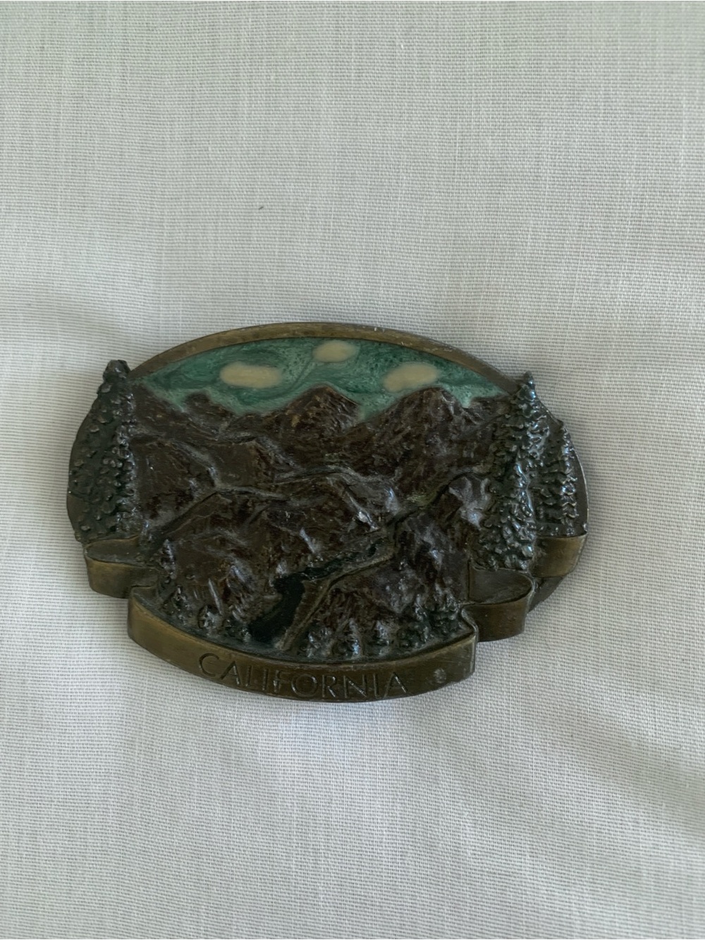 Bergamot Brass Works California Mountain Scene Vintage 1978 Belt Buckle Enamel